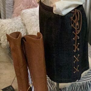 Fun ESCADA DENIM SKIRT WITH LEATHERER LACE UP ON EACH SIDES ZIPBACK. DENIM COTON